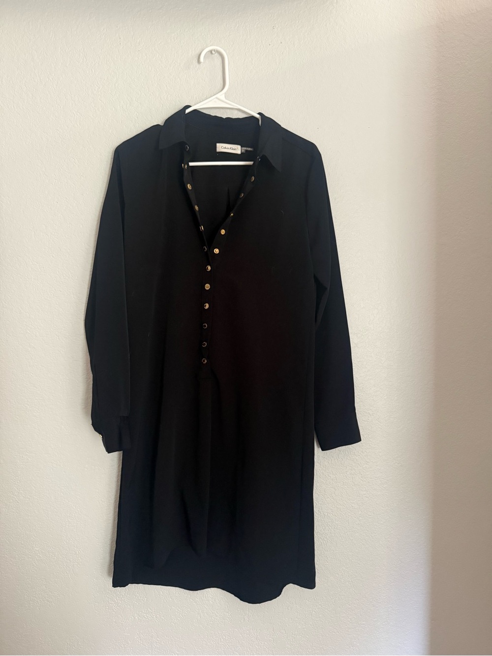 Calvin Klein Black Long-Sleeve Shirt Dress with Gold Buttons